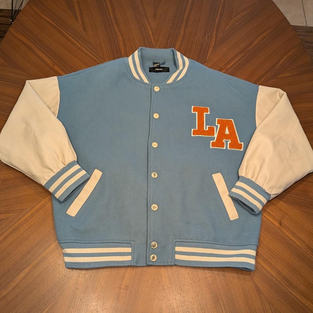 Forever 21 Varsity Jacket Mens Blue Excellent Los Angeles LA Letterman S